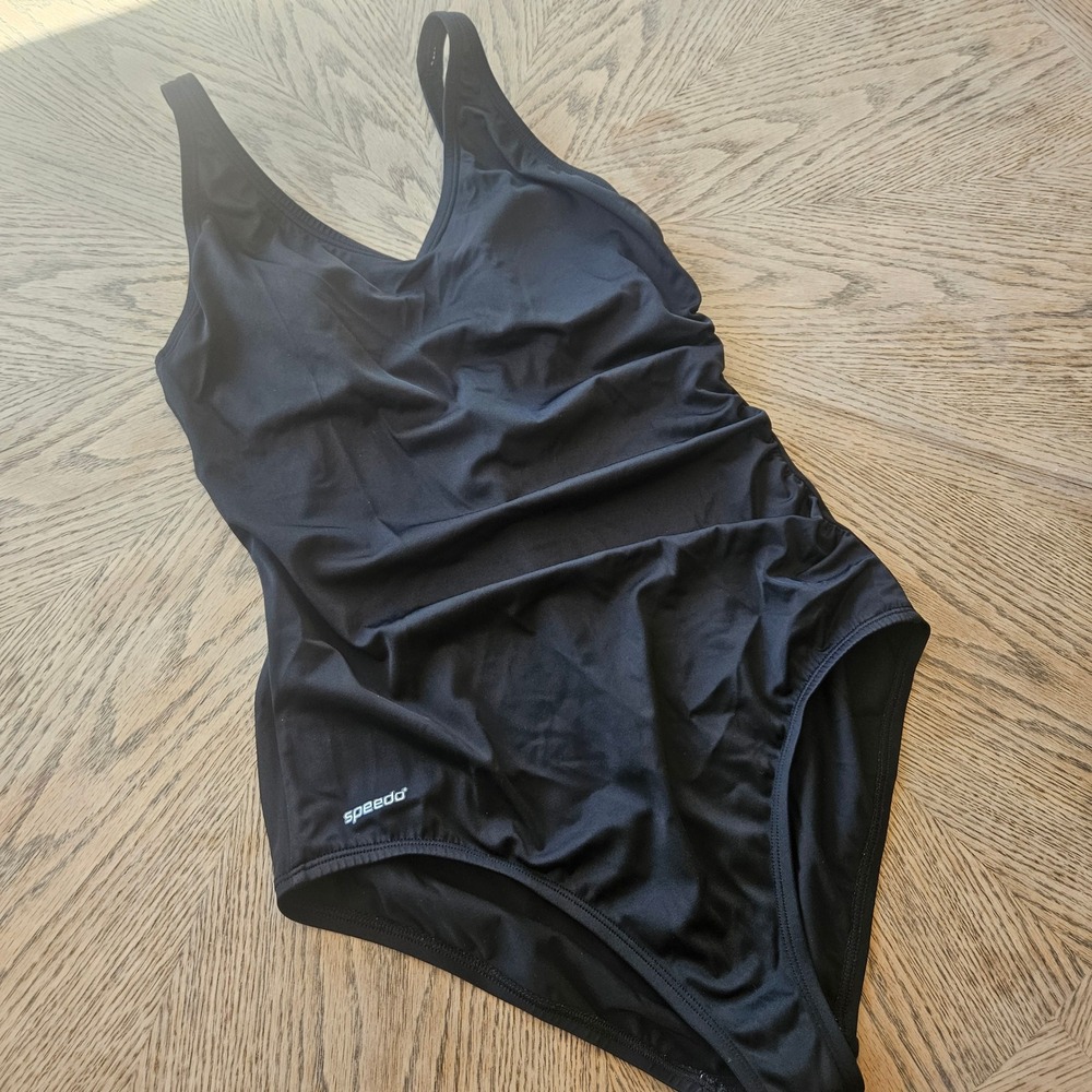 Speedo One Piece Swimsuit Women Size 12 Black Ruched V-Neck Athletic Swimwear - Picture 3 of 6